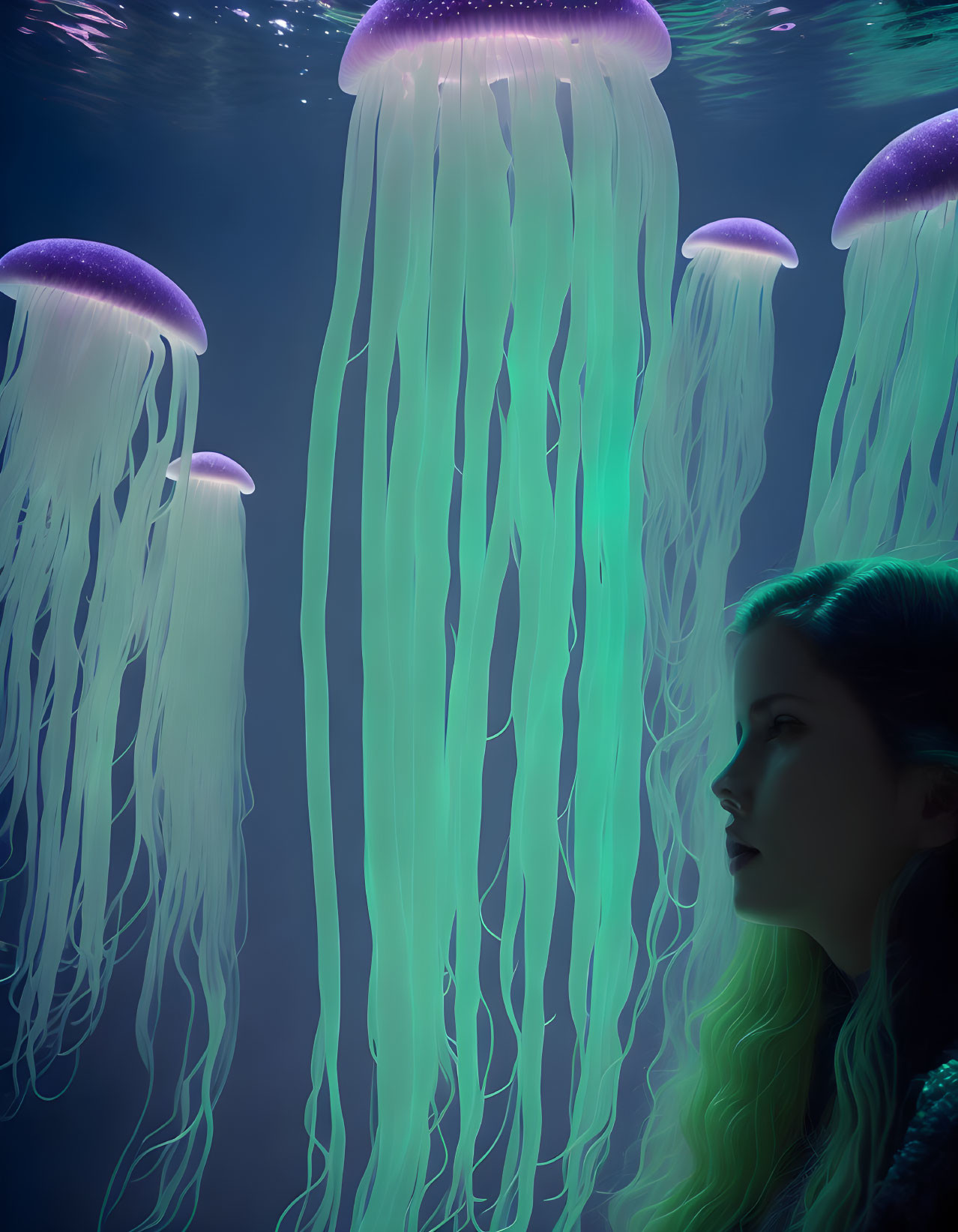 Woman gazing at glowing jellyfish in dark underwater scene