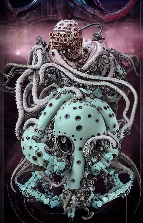 Surreal robotic octopus with intricate mechanical parts on dark backdrop