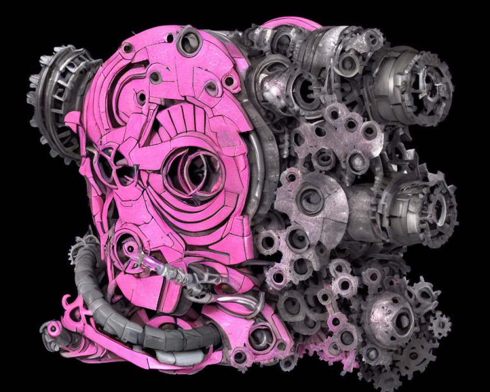 Pink and Grey Abstract Art with Mechanical Elements on Black Background