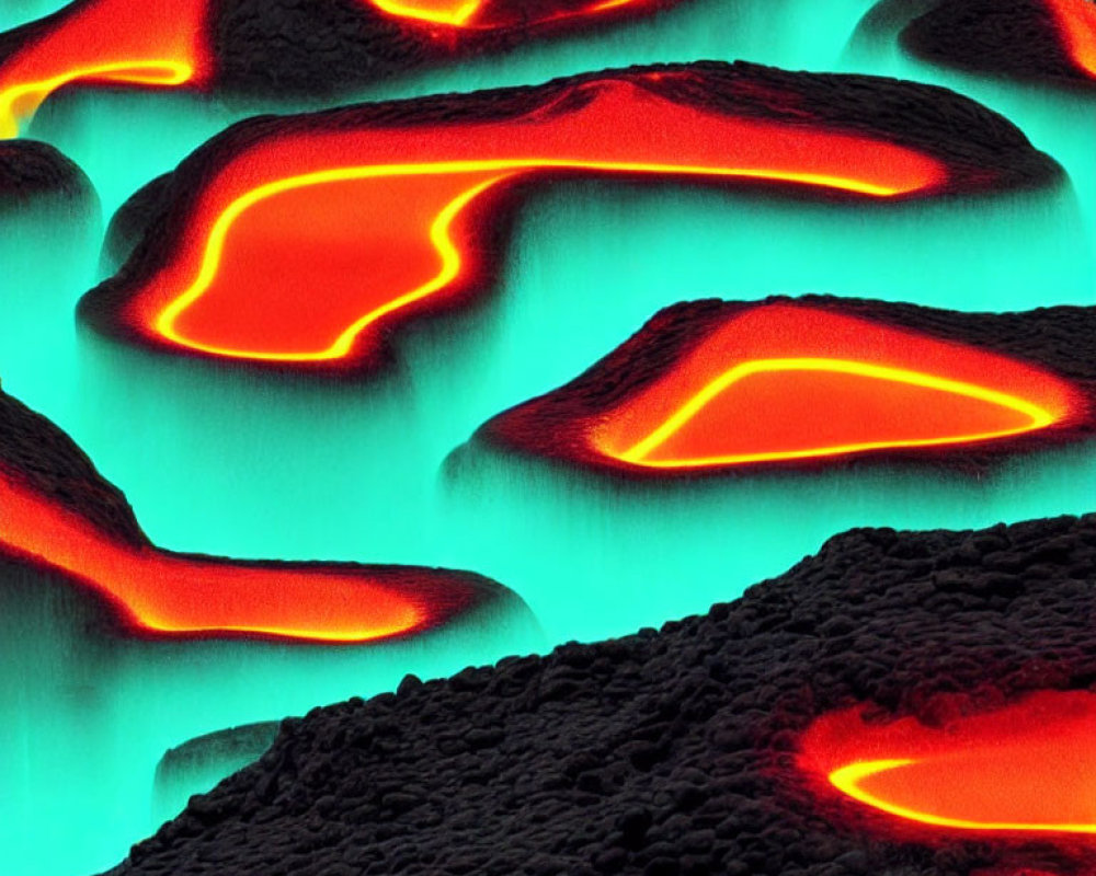 Vibrant neon blue lava flows in black volcanic landscape