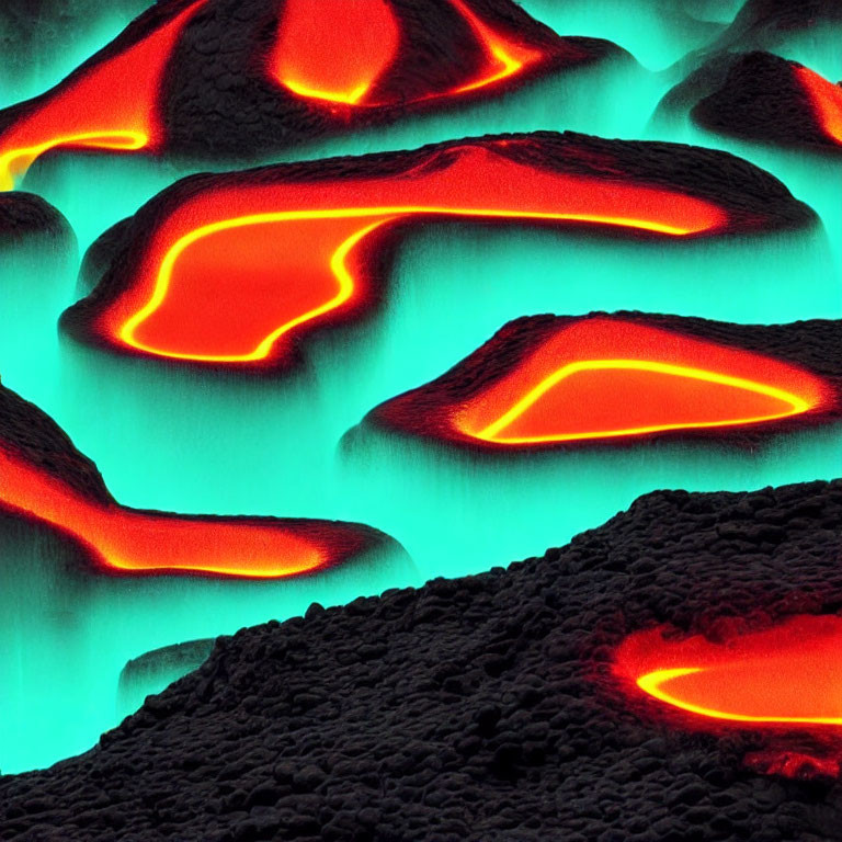 Vibrant neon blue lava flows in black volcanic landscape