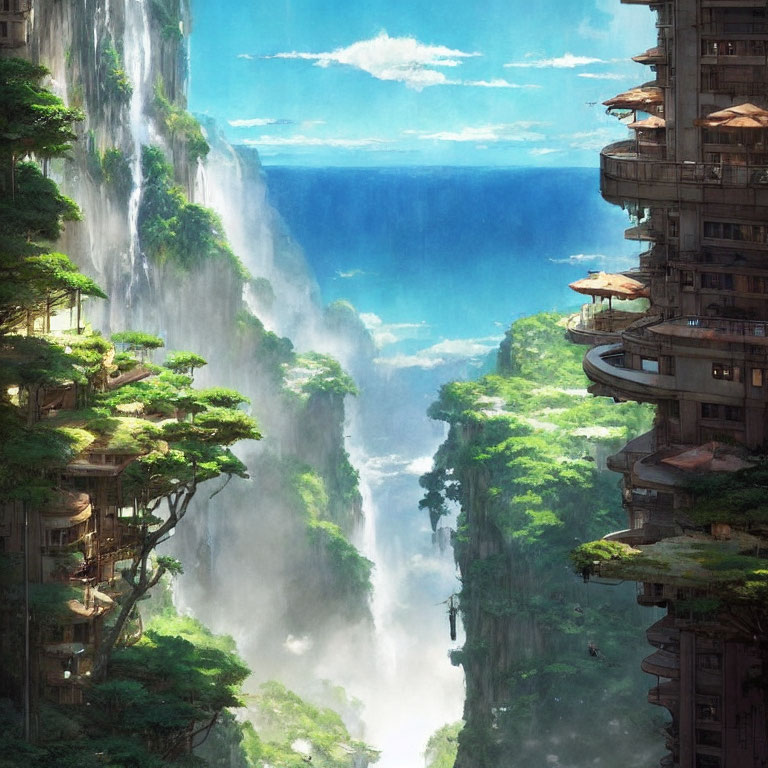 Verdant ravine with waterfalls and cliffside structures in nature