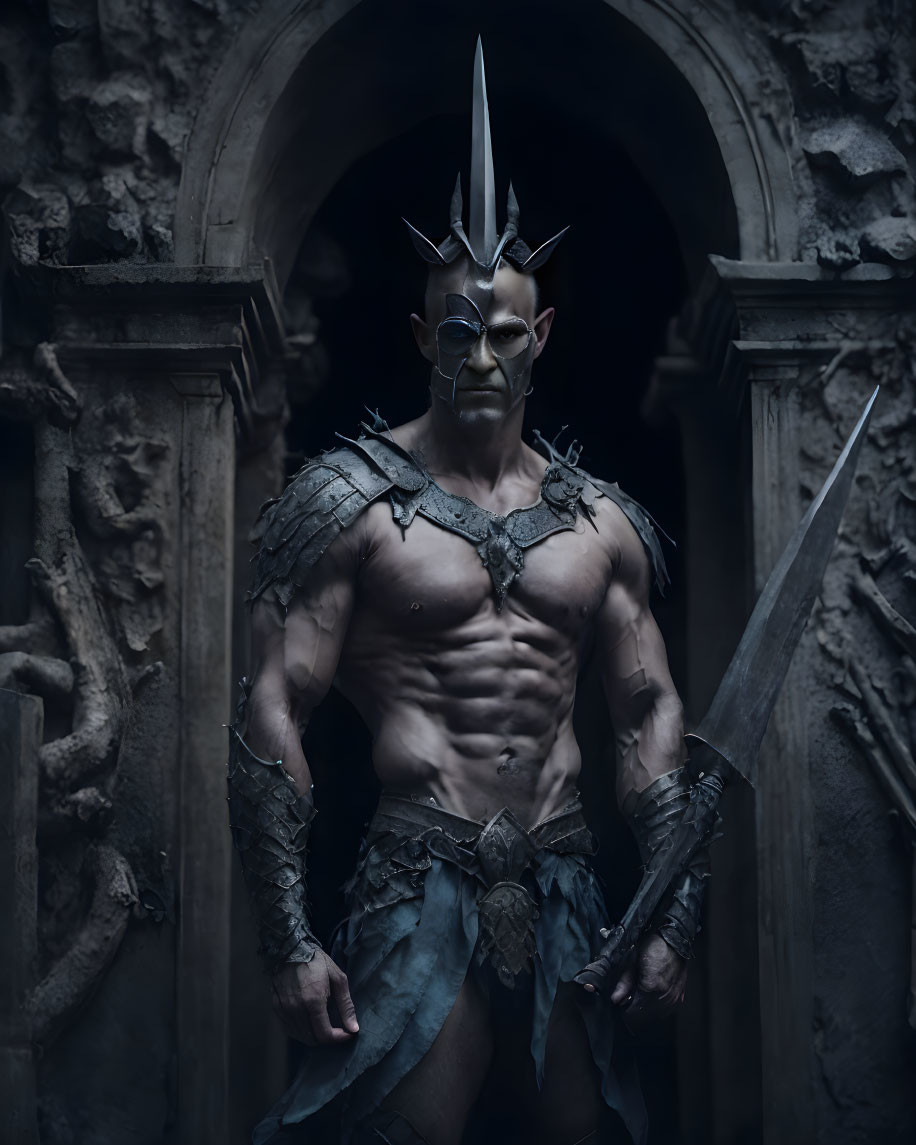 Muscular fantasy character in armor with horns and sword in gothic archway