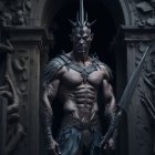 Muscular fantasy character in armor with horns and sword in gothic archway