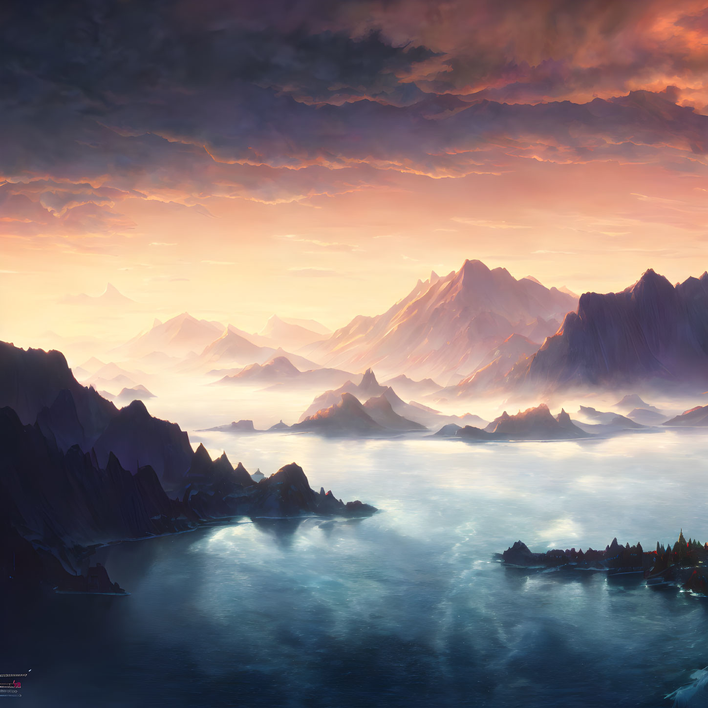 Mountainous landscape digital artwork with misty waters and twilight sky in purple and orange hues