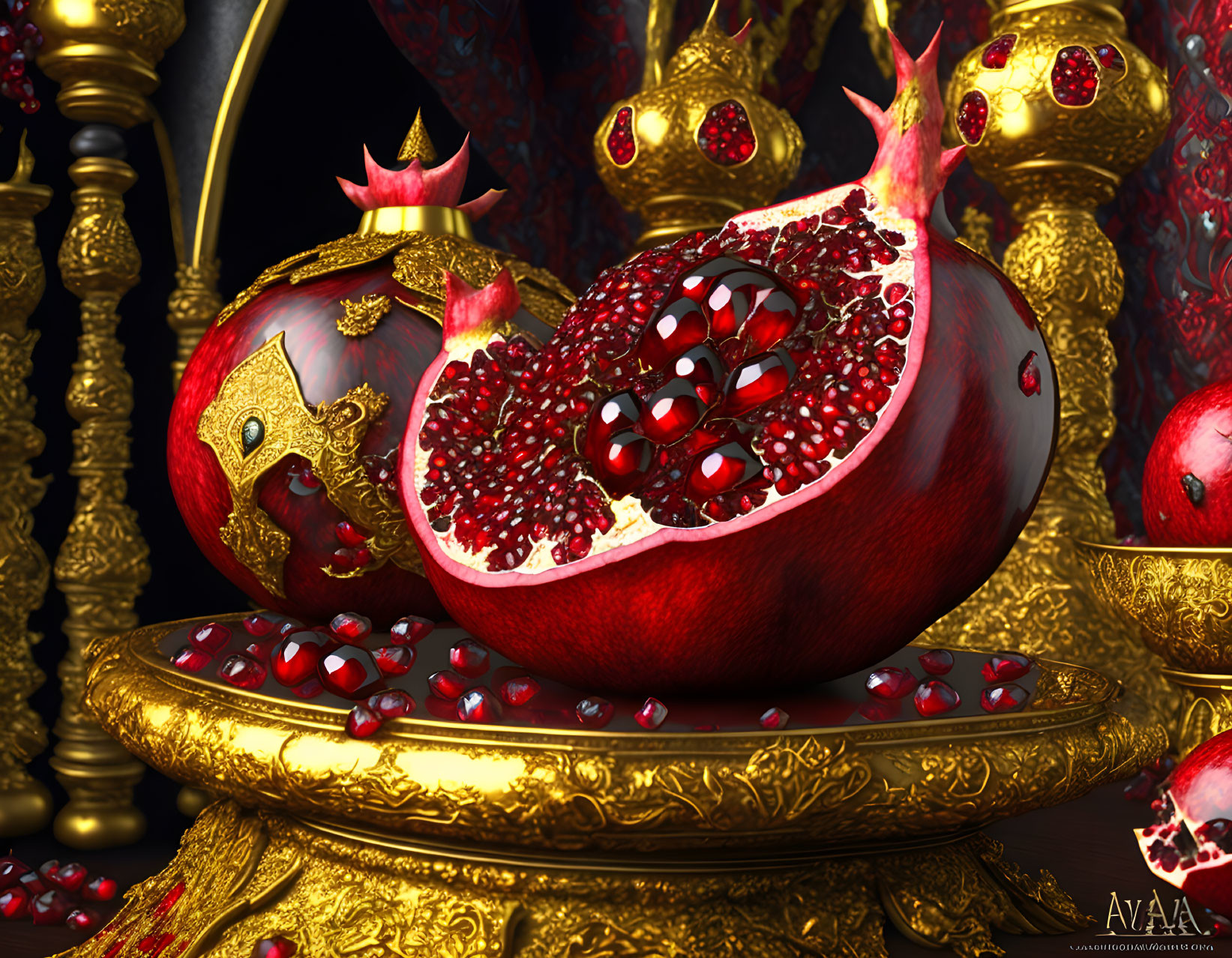 Detailed image of golden crowns, pomegranate, and seeds on platter