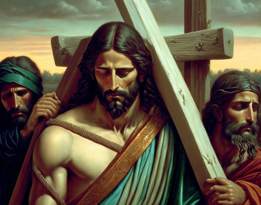 Religious painting of sorrowful man with halo and wooden cross under dramatic sky