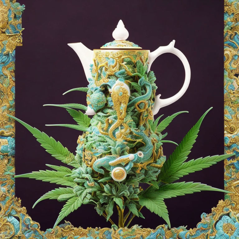 Ceramic teapot with sea-themed relief sculptures and cannabis leaf motif