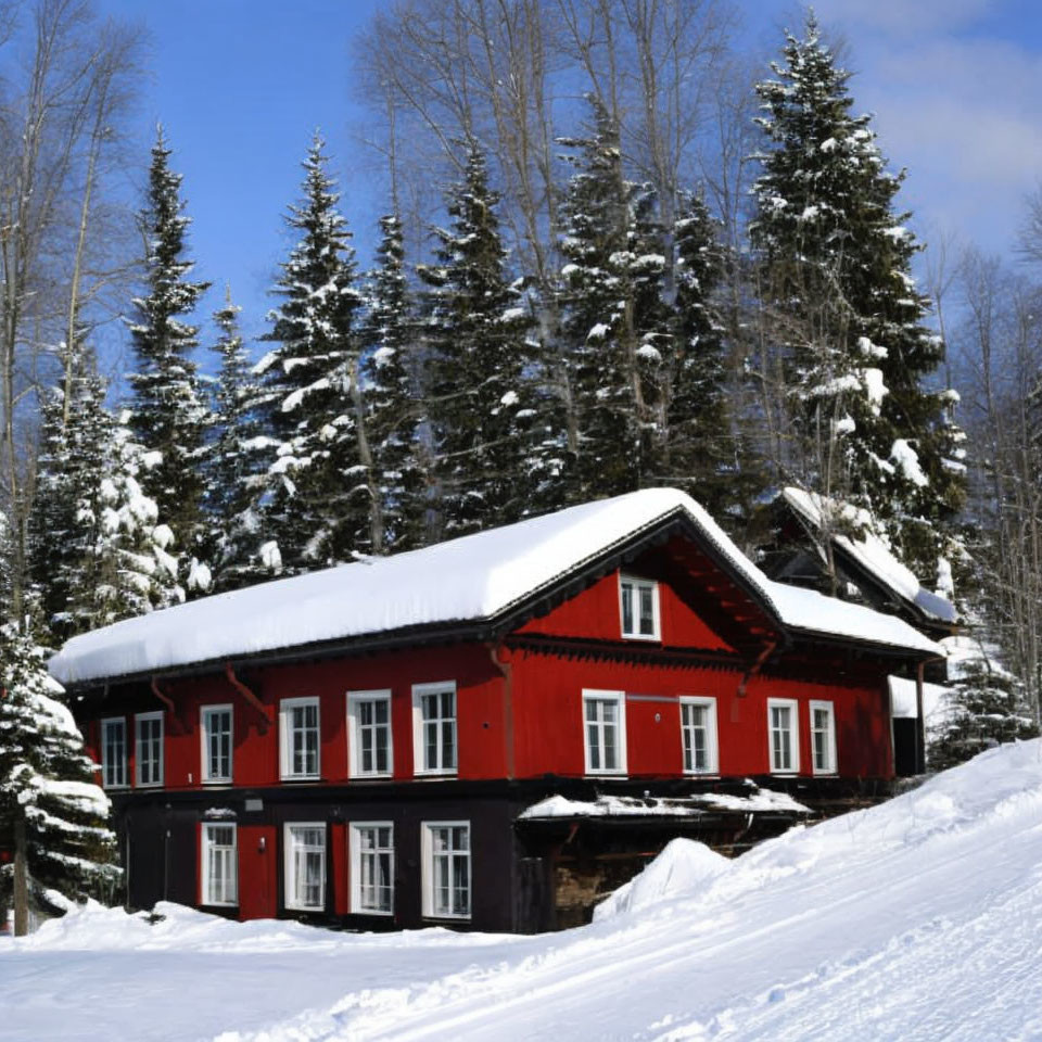 Snow-covered red house surrounded by pine trees in winter landscape