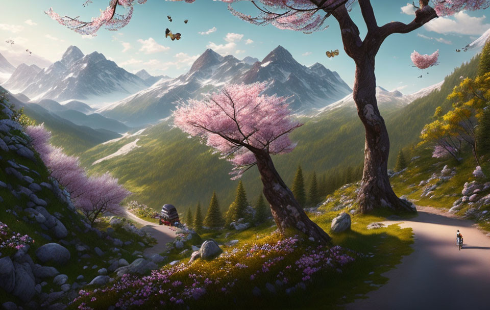 Scenic valley with cherry blossoms, mountains, and carriage