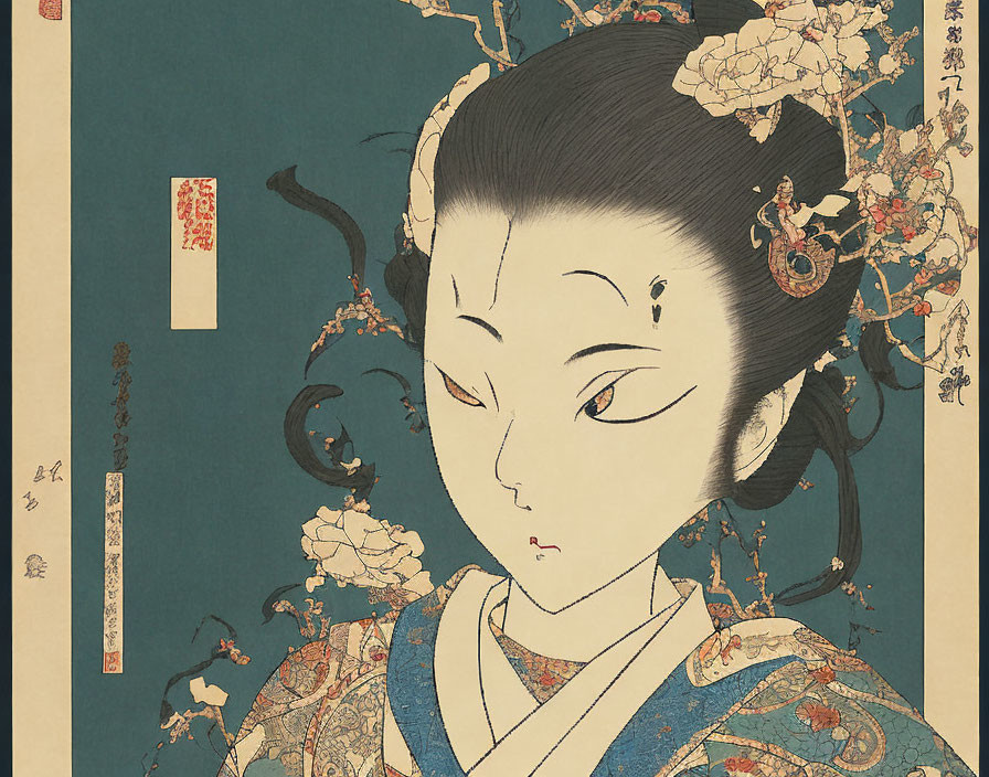 Japanese Geisha Woodblock Print with Elaborate Hairstyle and Kimono