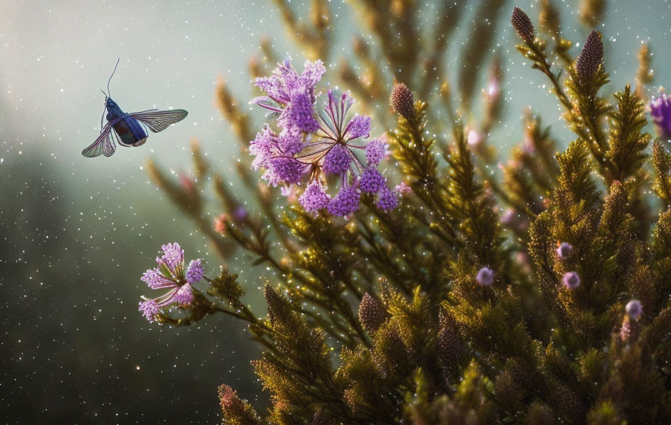 Butterfly near vibrant purple flowers in serene setting