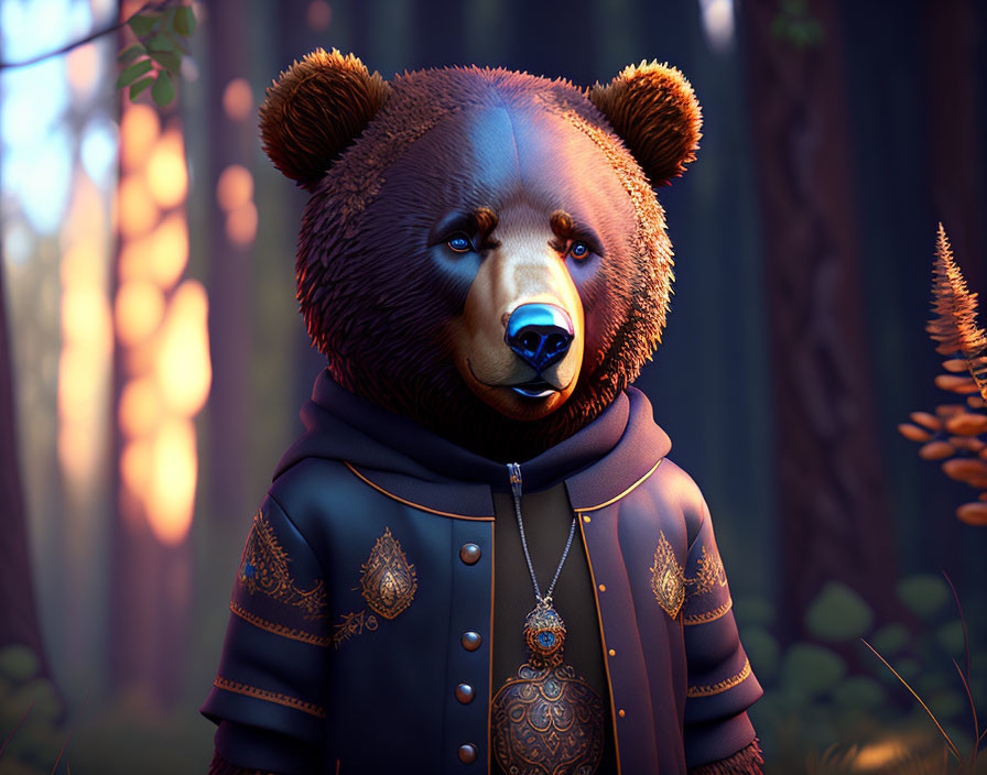 Anthropomorphic bear in royal attire in forest setting