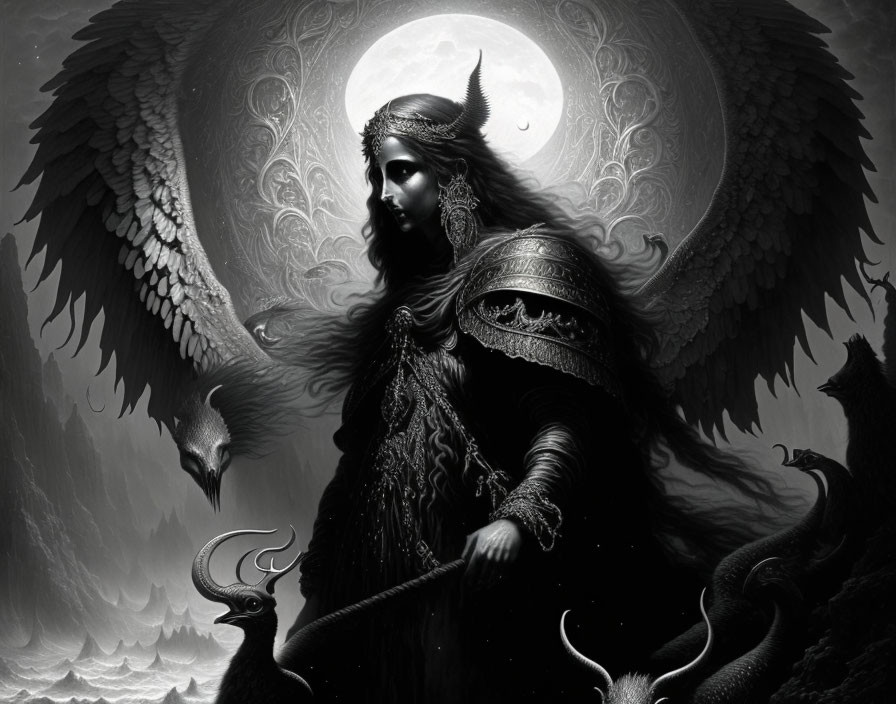 Monochromatic fantasy art: armored female warrior with wings, helmet, sword, under full moon surrounded