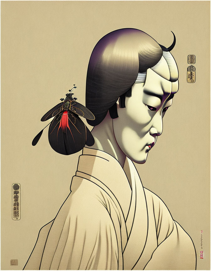 Japanese ukiyo-e style illustration of character with traditional makeup and attire and stylized insect