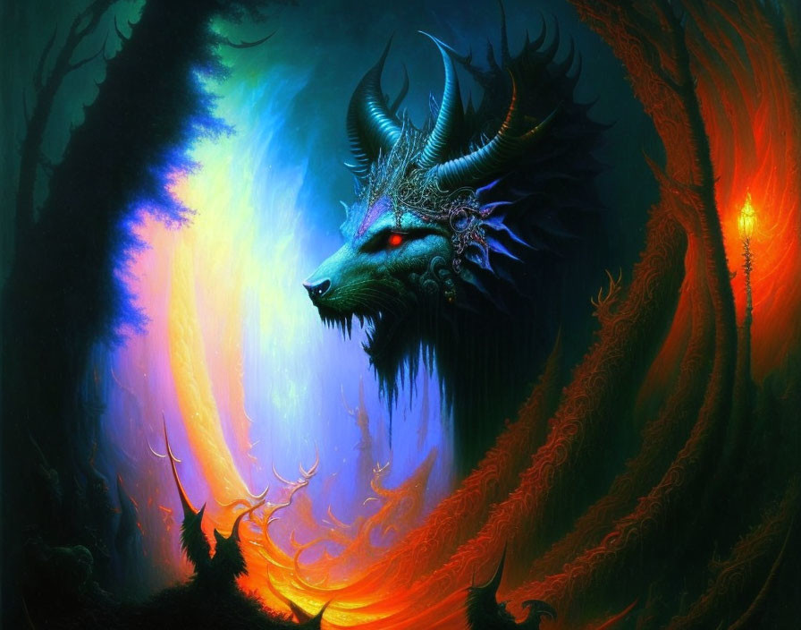 Mystical dragon with red eyes in fiery portal near shadowy forest.