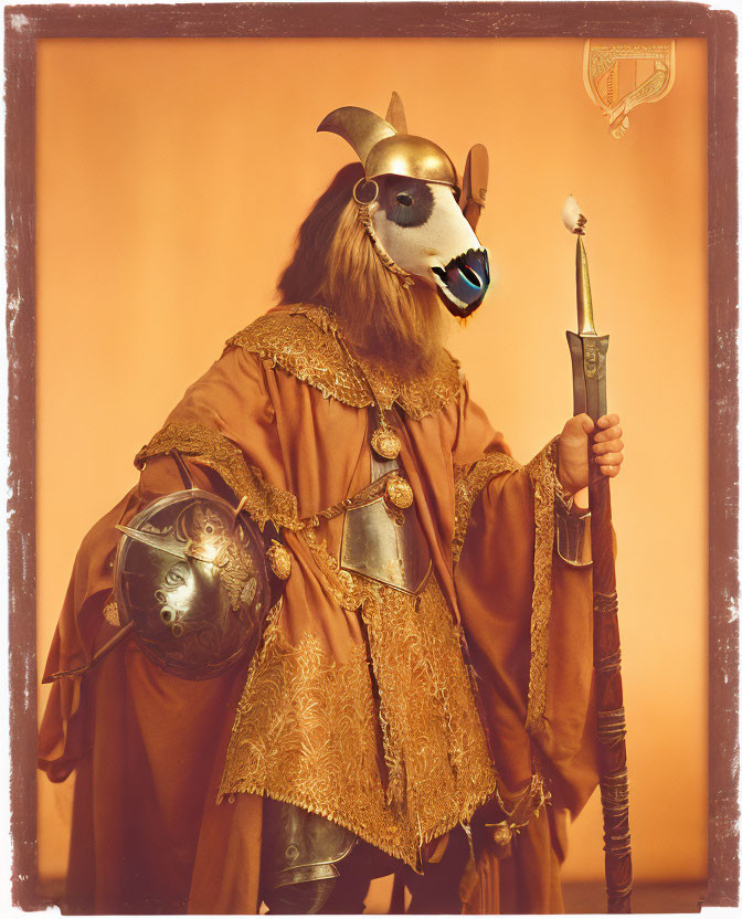 Medieval person in horned helmet with shield and scepter on orange background