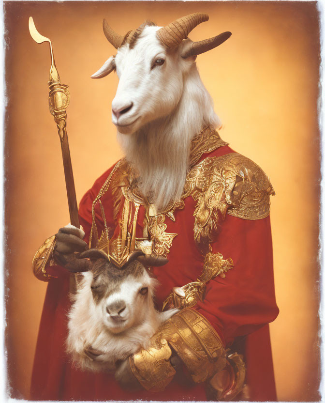 Royal costume goat and smaller goat posing in warm-toned backdrop