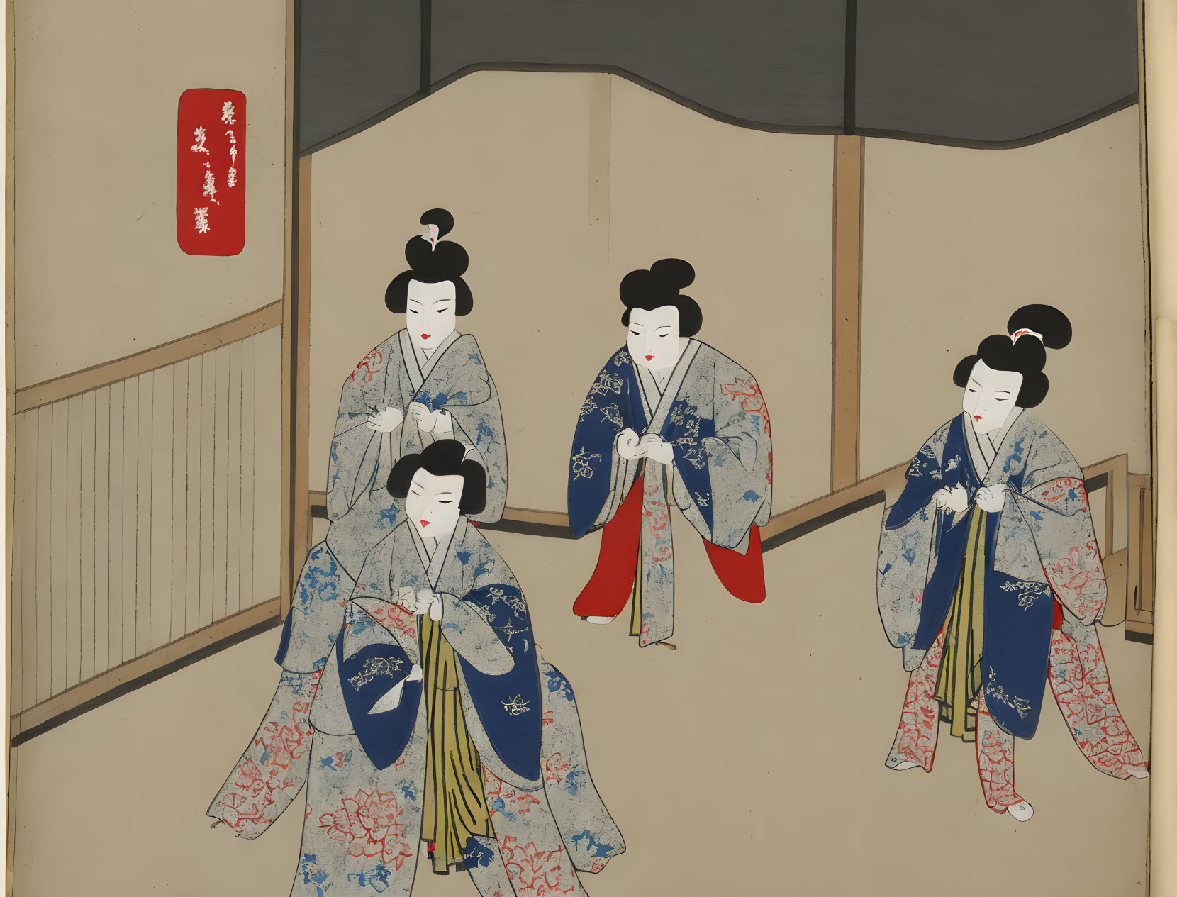 Japanese painting featuring three geishas in floral kimonos indoors