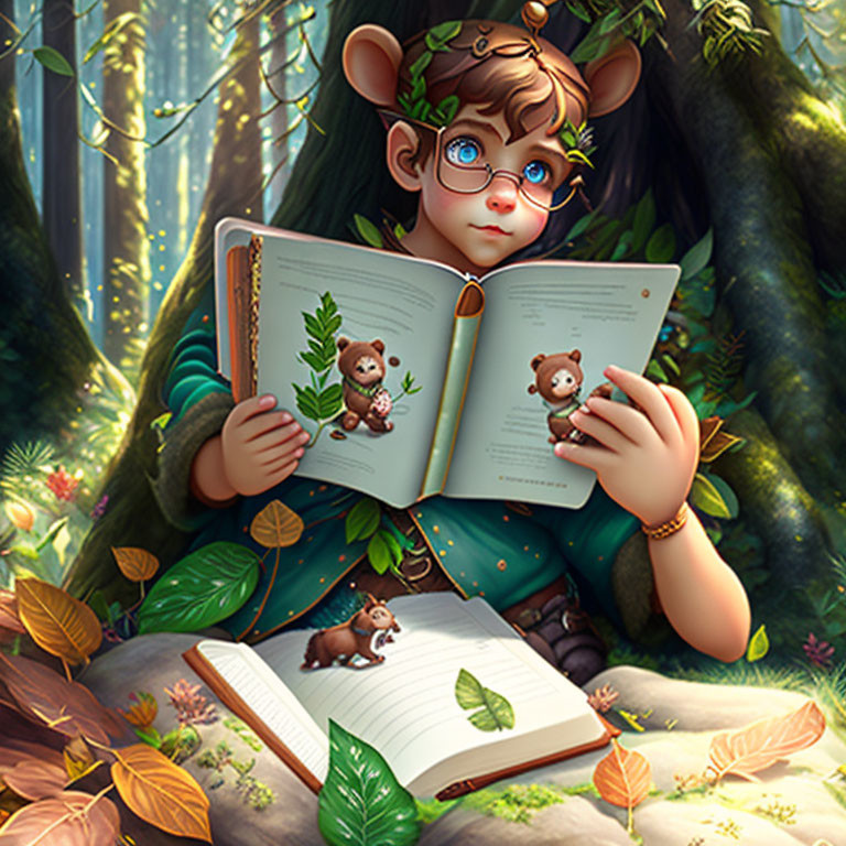 Elf-like character reading storybook in enchanted forest