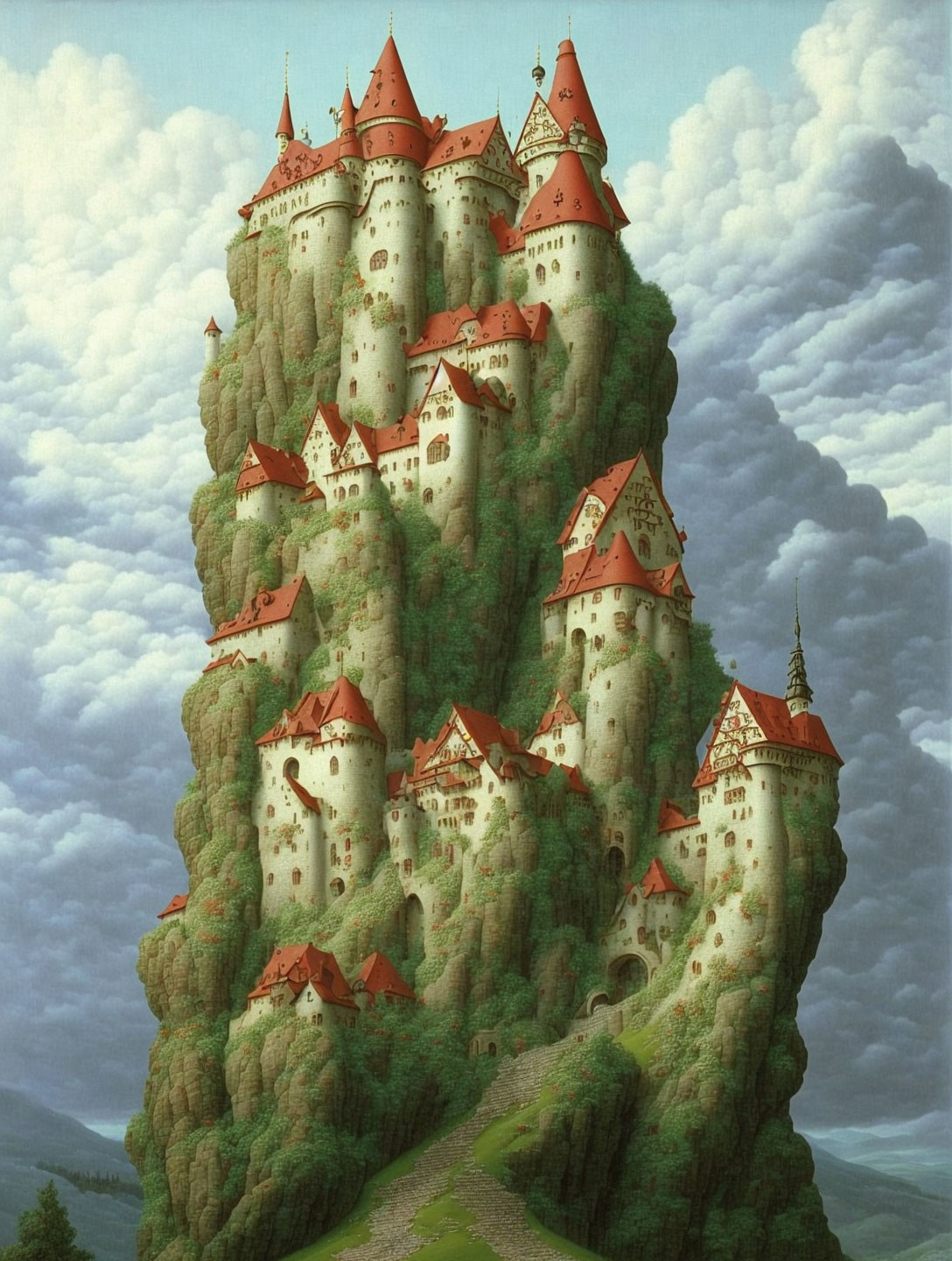 Towering castle with red-roofed spires on green hill under cloudy sky