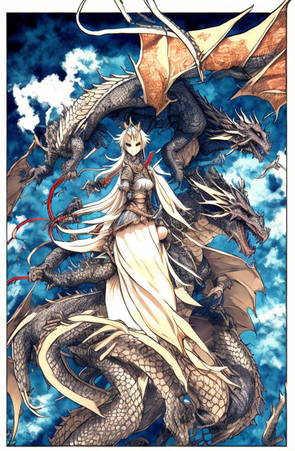 Illustrated woman with white hair and pointed ears surrounded by dragons in sky backdrop