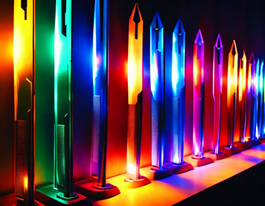 Row of Colorful Neon Arrow Lights on Dark Background