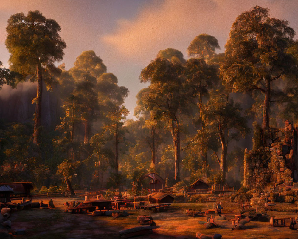 Mystical forest sunrise with ancient ruins and huts in warm light