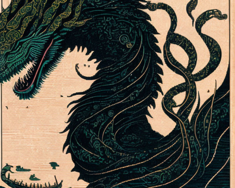 Asian-style Green and Black Dragon Illustration with Intricate Patterns on Beige Background