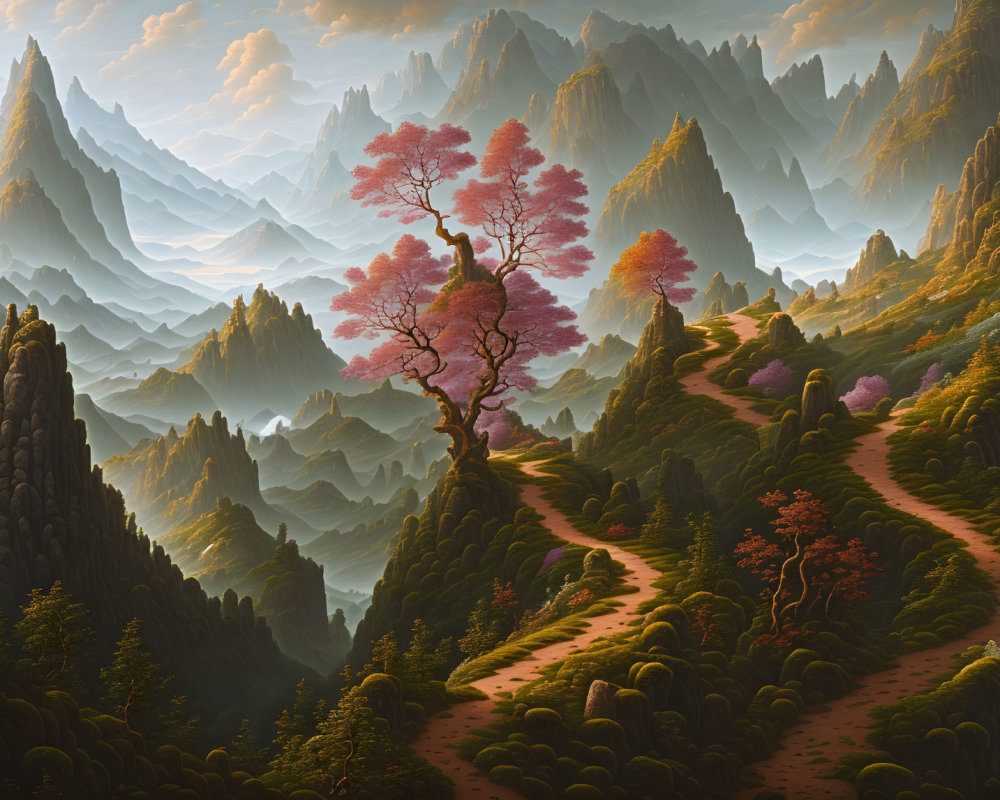 Ethereal landscape with pink blossom trees and misty mountains