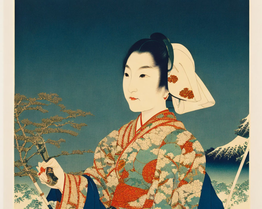 Japanese ukiyo-e print of geisha in colorful kimono amid nature