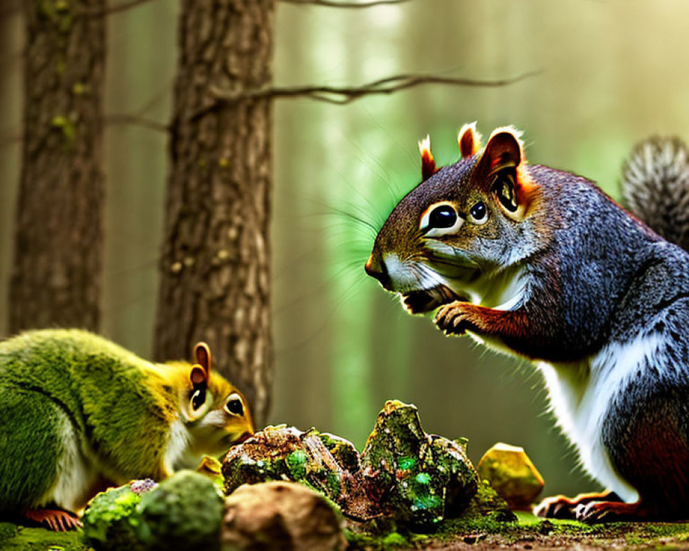 Whimsical squirrels in enchanted forest with soft magical light