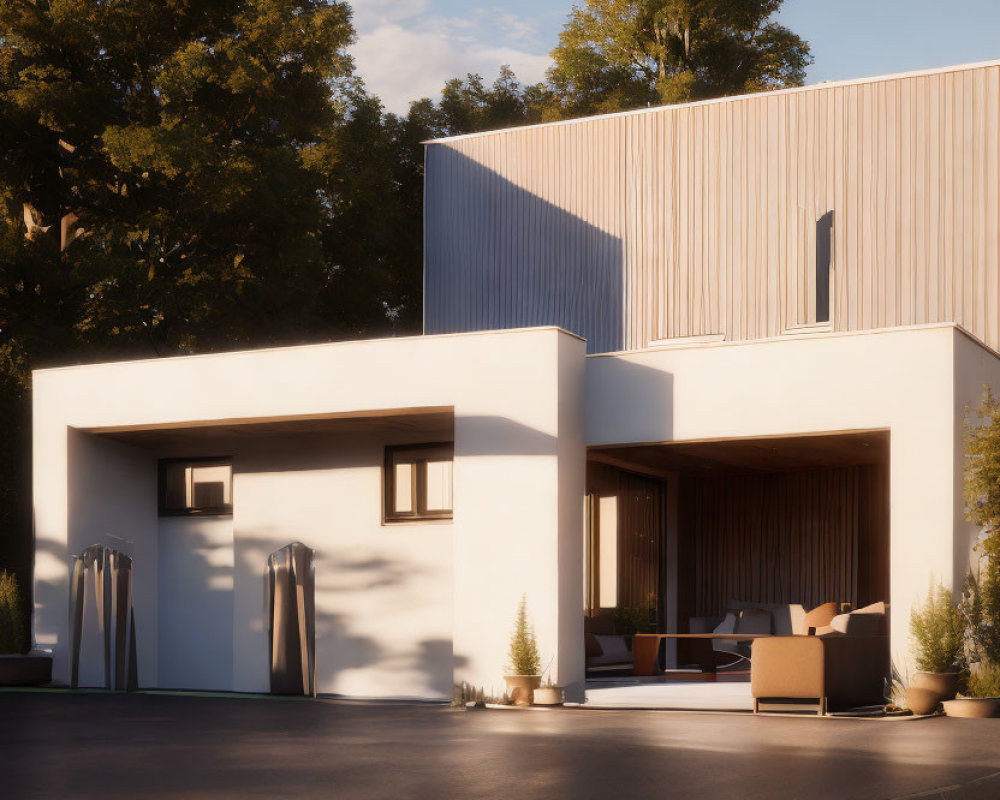 Contemporary two-story house with flat roof, white walls, large windows, surrounded by trees, driveway