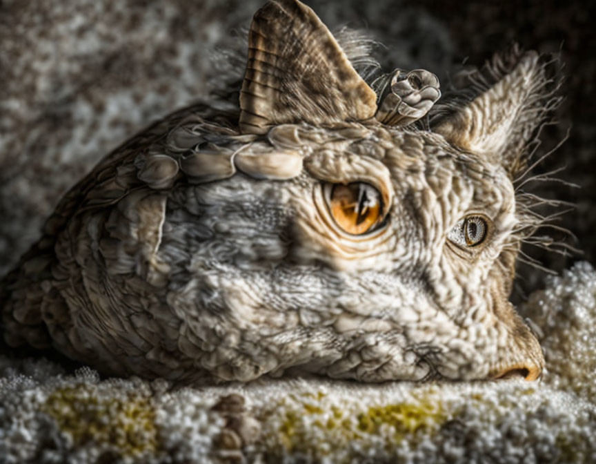 Detailed Close-up of Camouflaged Moth with Textured Wings and Orange Eye