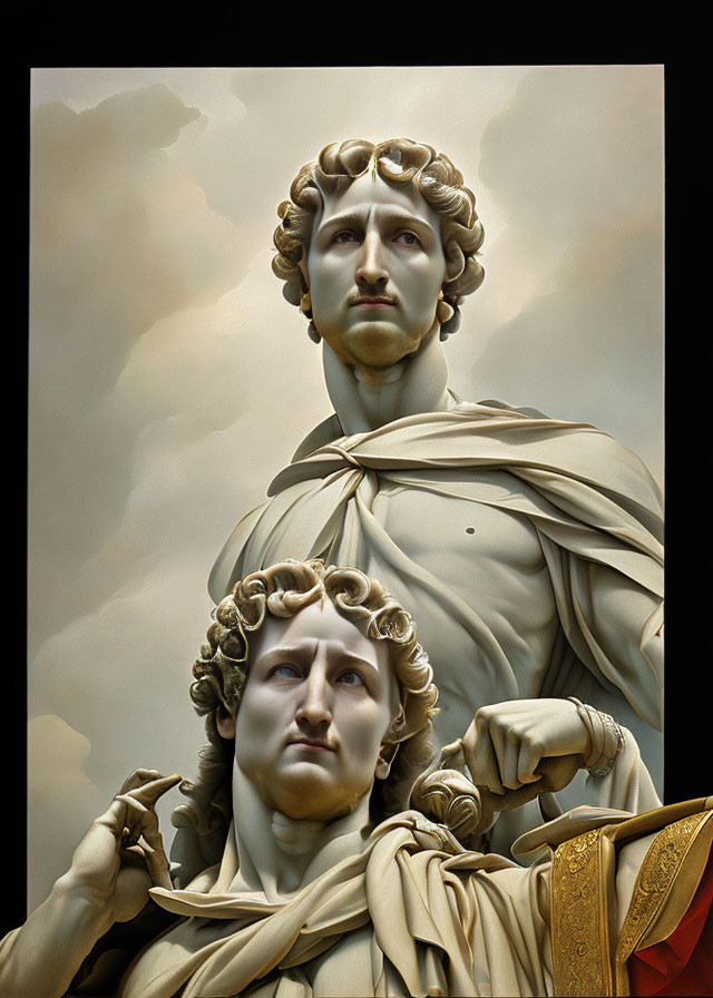 Classical statue of two figures with detailed curls and draped clothing against cloudy sky.