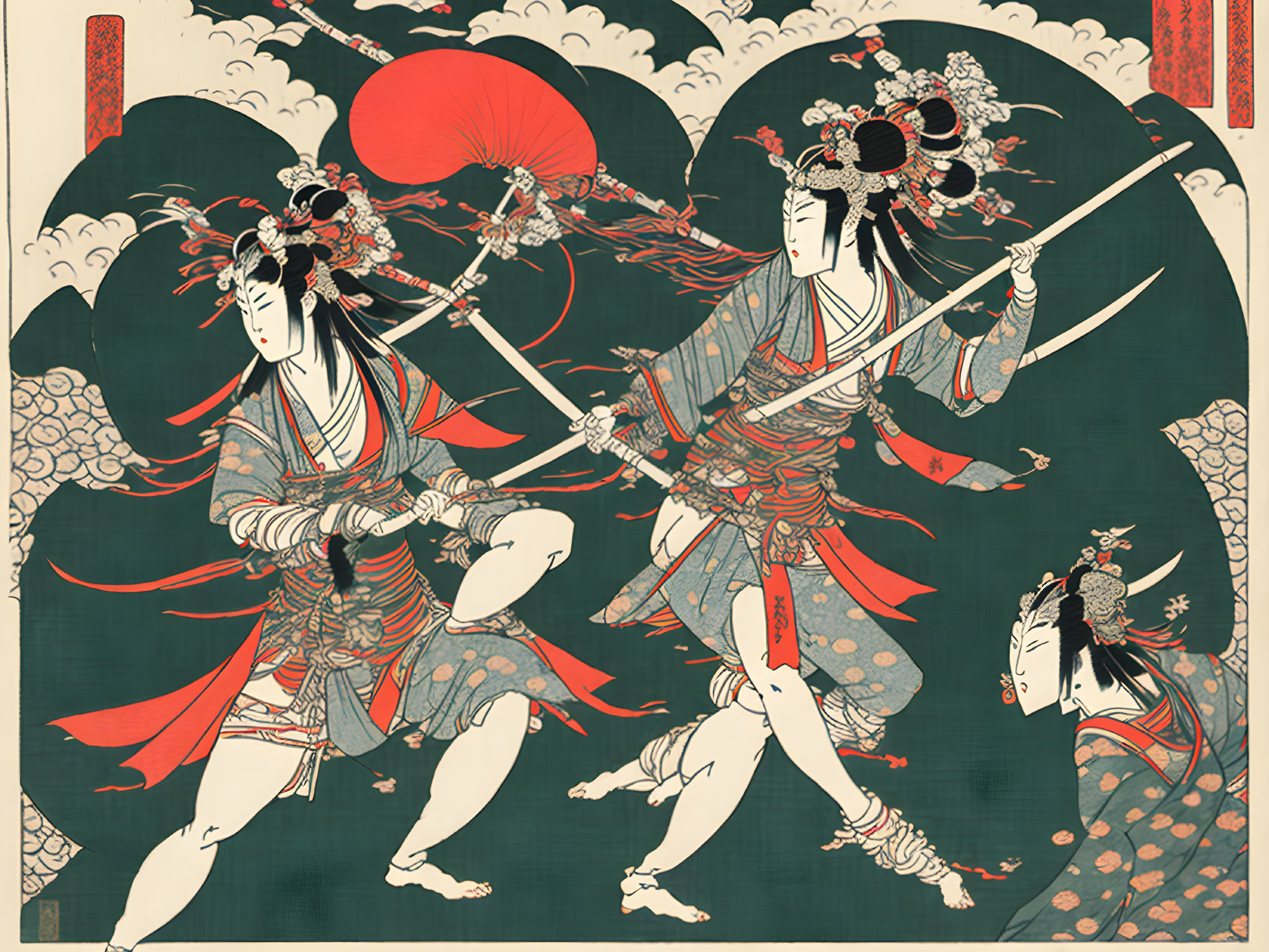 Japanese Woodblock Print: Three Women Warriors with Swords and Red Parasol