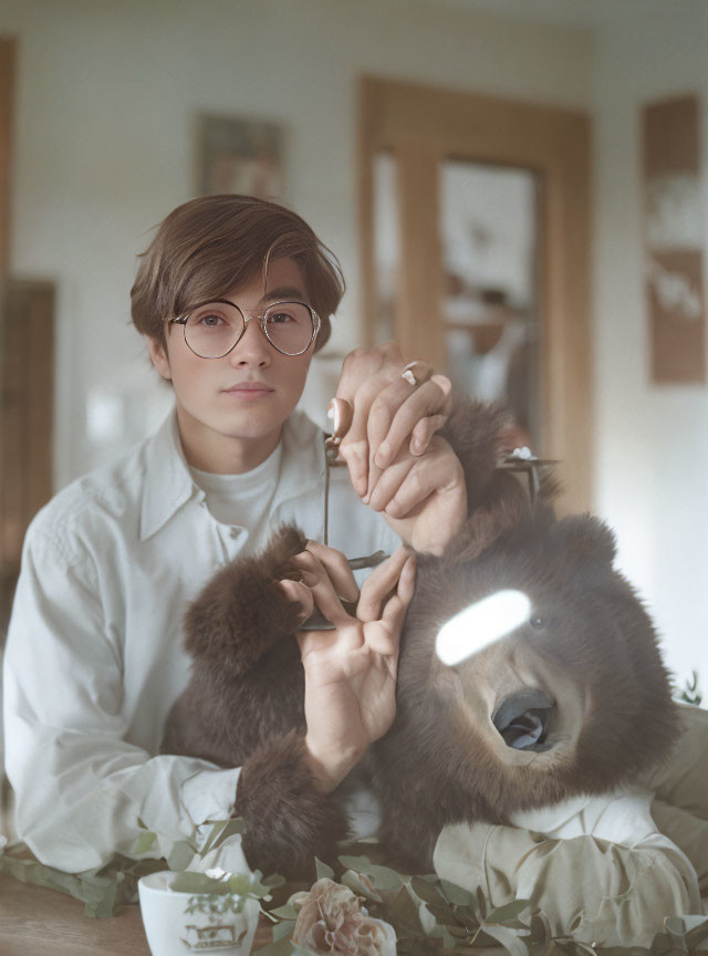 Person with Round Glasses Holding Bear Puppet at Green Table