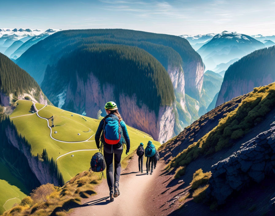 Hikers with backpacks on mountain path with panoramic views.