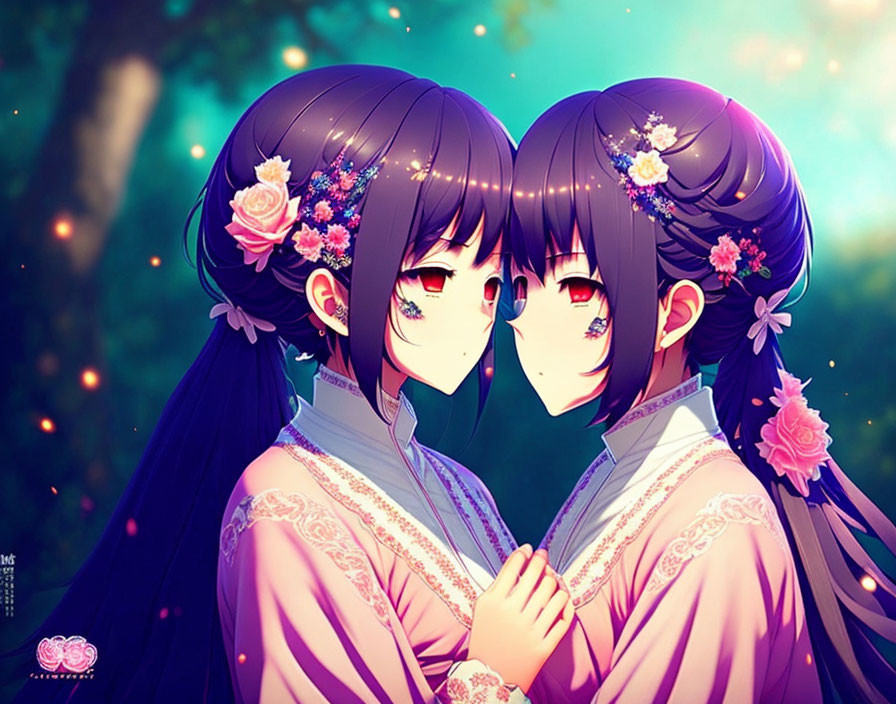 Two anime girls with long purple hair in traditional outfits in magical forest