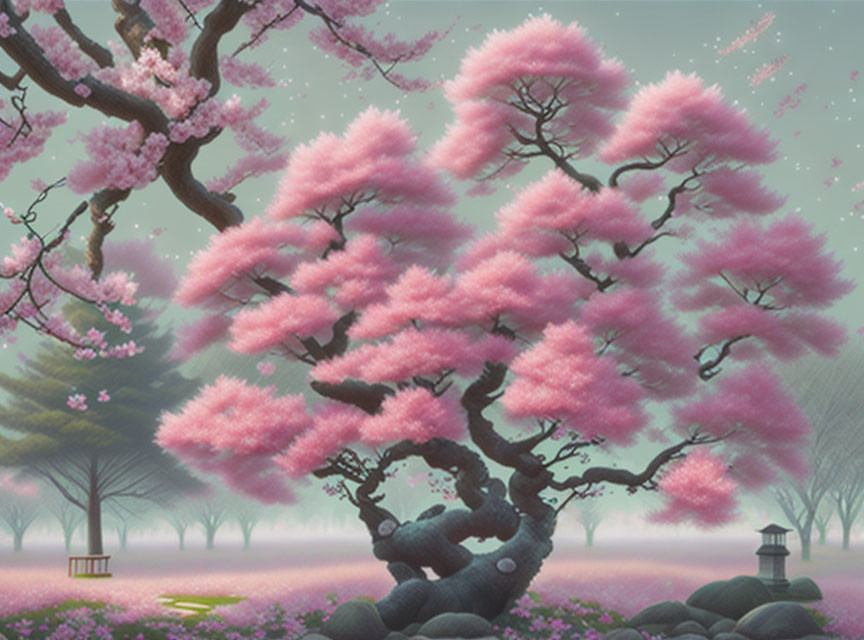 Digital art of blossoming cherry tree in pink shades with foggy park background.