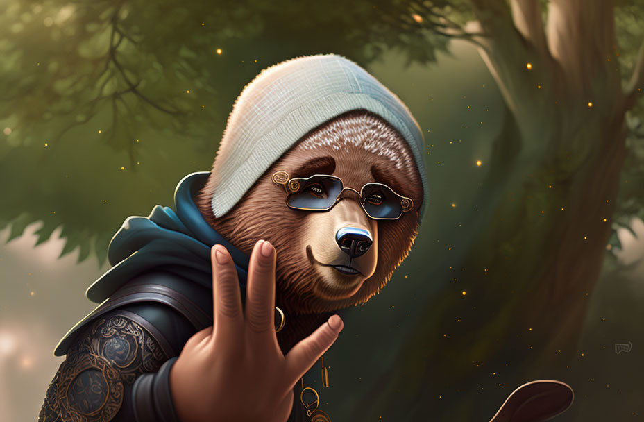 Sloth with Beanie and Glasses in Magical Forest Setting