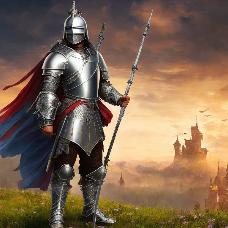 Knight in shining armor with spear in front of castle and dramatic sky