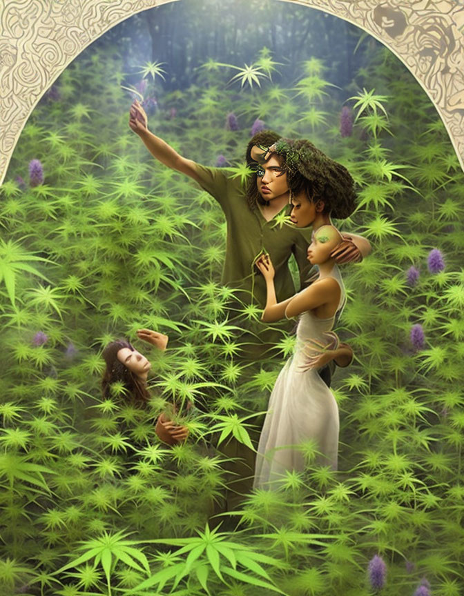 Illustration of three people in cannabis field with serene expressions