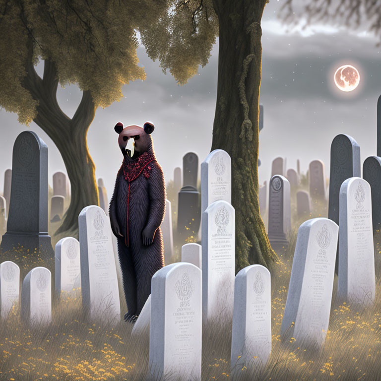 Anthropomorphic bear in graveyard under full moon