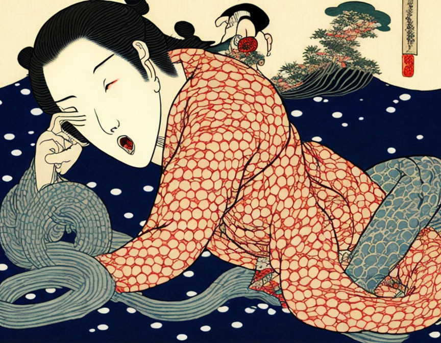 Traditional Japanese Ukiyo-e Art: Woman in Red Kimono resting on side