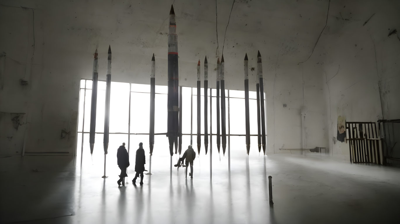 Four People Silhouettes in Room with Tall Windows & Pencil Sculptures