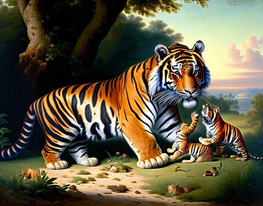 Tiger and Cub in Jungle with Figurines and Landscape Background