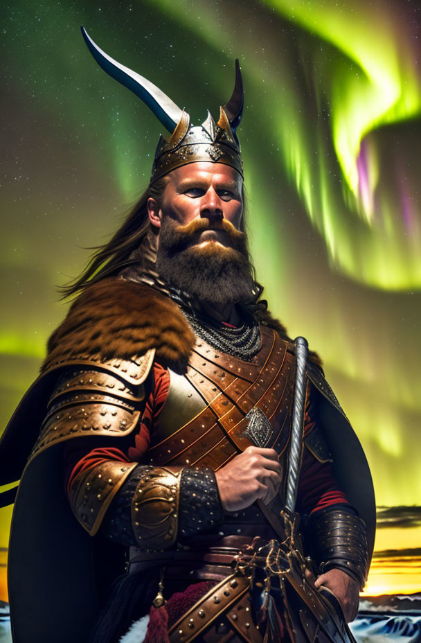 Viking warrior under aurora borealis in horned helmet, chainmail, leather armor, fur