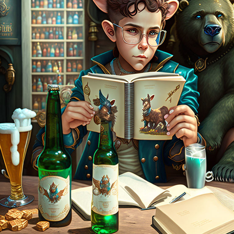 Young elf reading book about animals with bear in cozy library