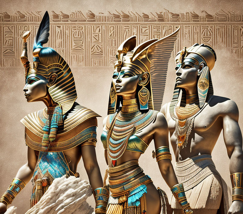 Ancient Egyptian statues of Pharaohs with traditional headdresses and jewelry against hieroglyph wall